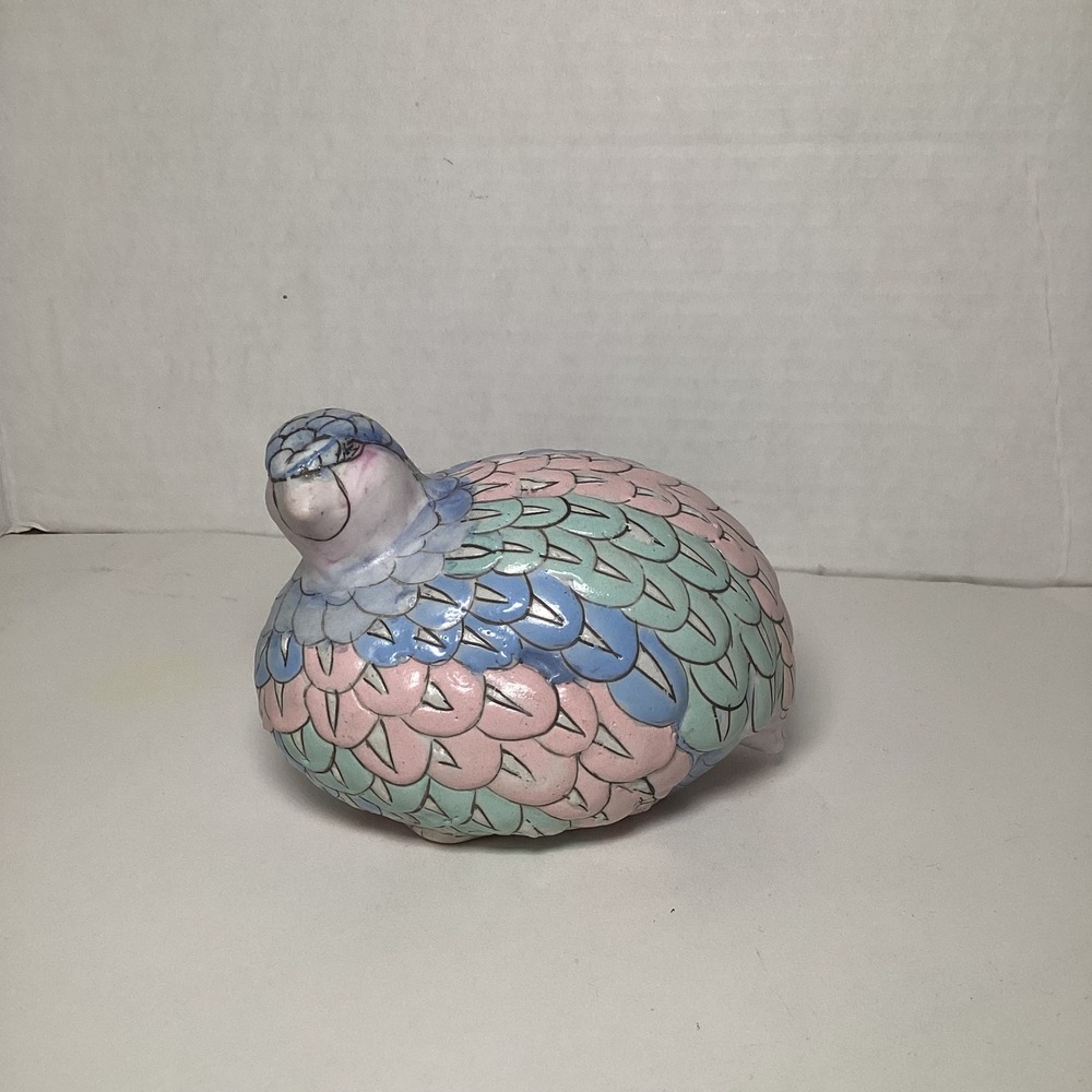Ceramic Quail Figurine Hand Painted Pastel Pink Blue Bird 3.5"